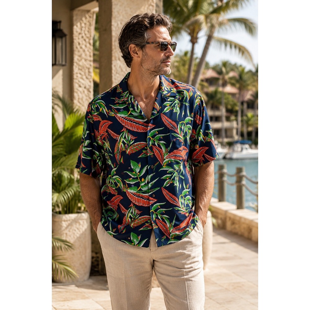 Avanti Hawaii 100%‎ Silk Aloha Camp Loop Collar Shirt XL Bird Paradise Tropical